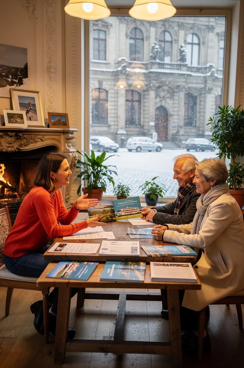 Moderne Buchungszentrale mit Mitarbeitern, die Flusskreuzfahrten und Pakete telefonisch koordinieren