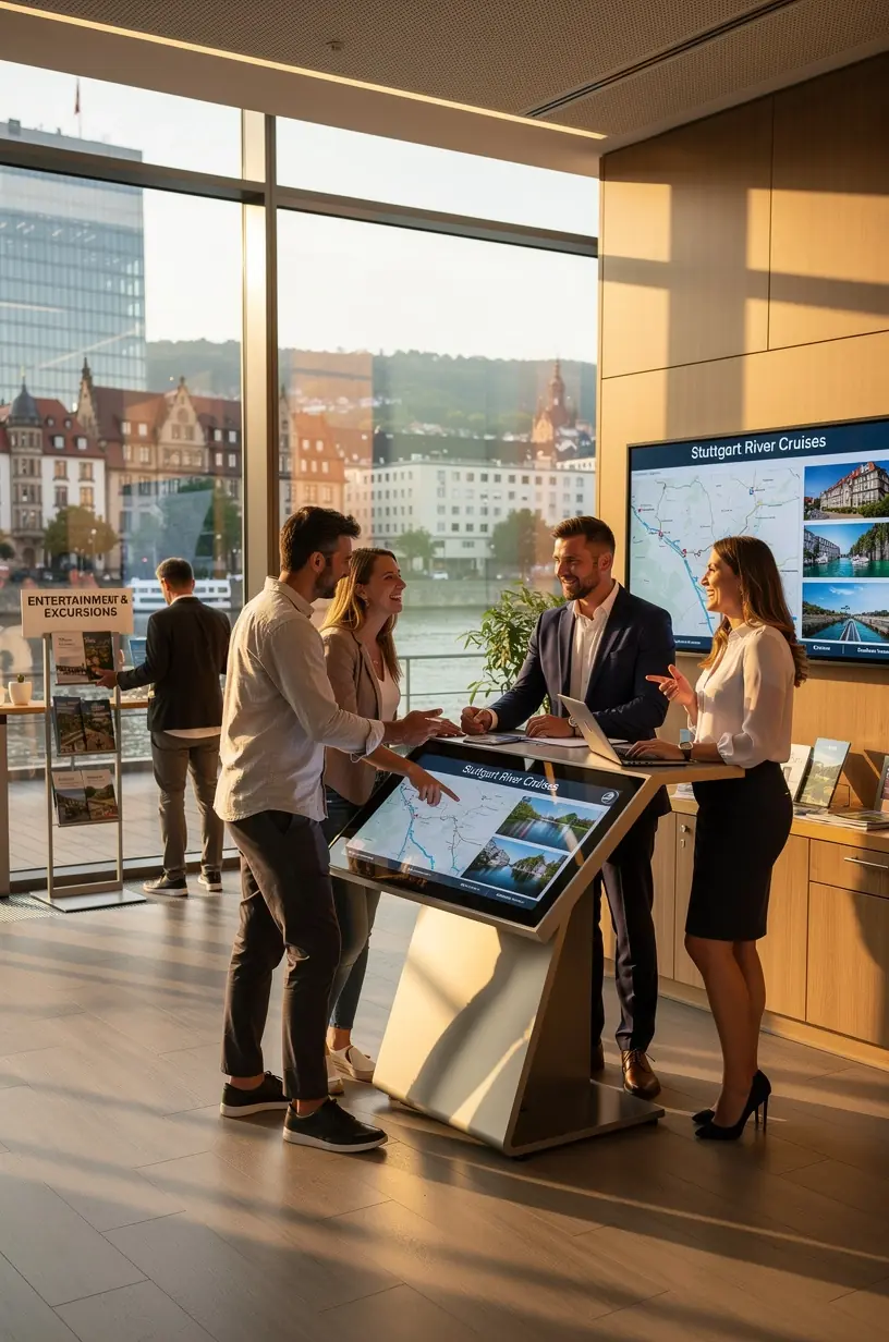 Gruppentouristen an einem Flusshafen, die von einem Reiseleiter Informationen zu ihrer Kreuzfahrt erhalten