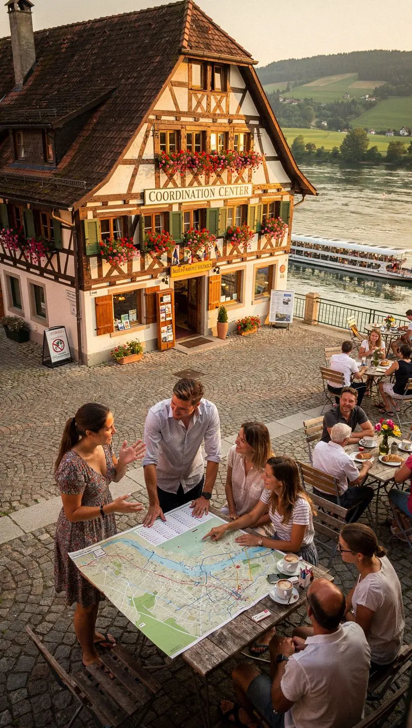 Professioneller Reiseberater erklärt einem Paar die Vorteile der Offline-Buchung für Flusskreuzfahrten